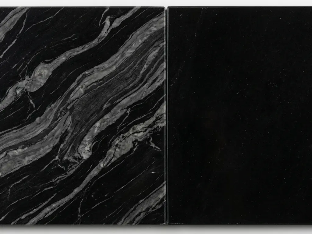 Black And Gray Marble two-tone slab compared to solid black marble showing natural veining difference