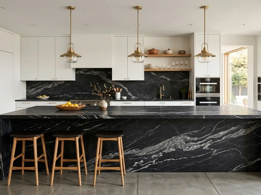 Black And Gray Marble honed island countertop with white cabinetry in modern luxury kitchen