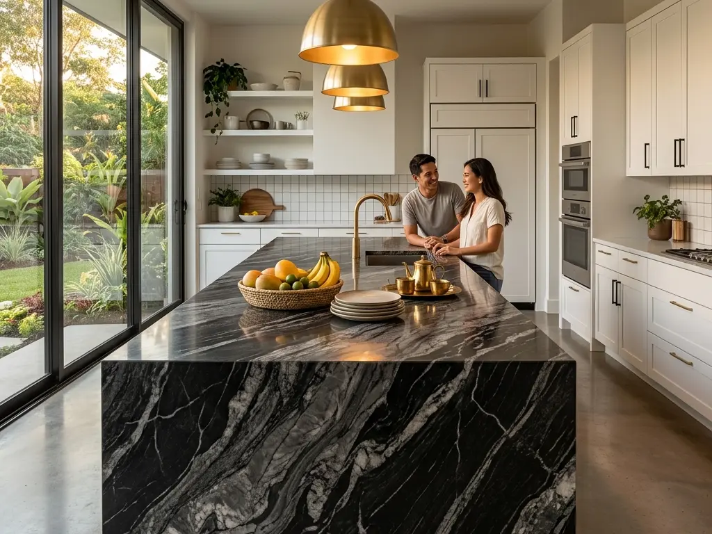 Black And Gray Marble kitchen island as visual anchor in high-contrast white cabinetry kitchen