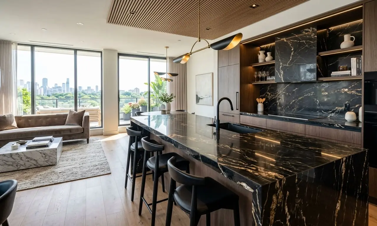 Interior with dark wood cabinets and a large kitchen island with black marble countertop
