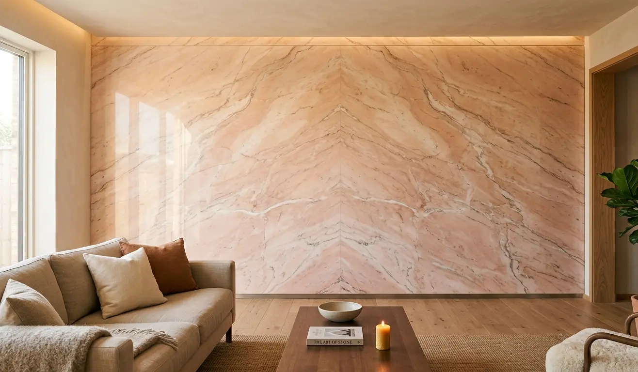 Pink Marble full slab feature wall bringing warm natural stone presence to luxury interior room