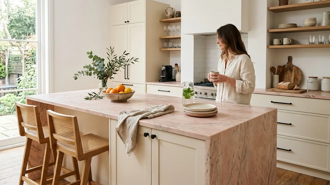 Pink Marble honed kitchen island countertop in white cabinetry modern kitchen with natural light
