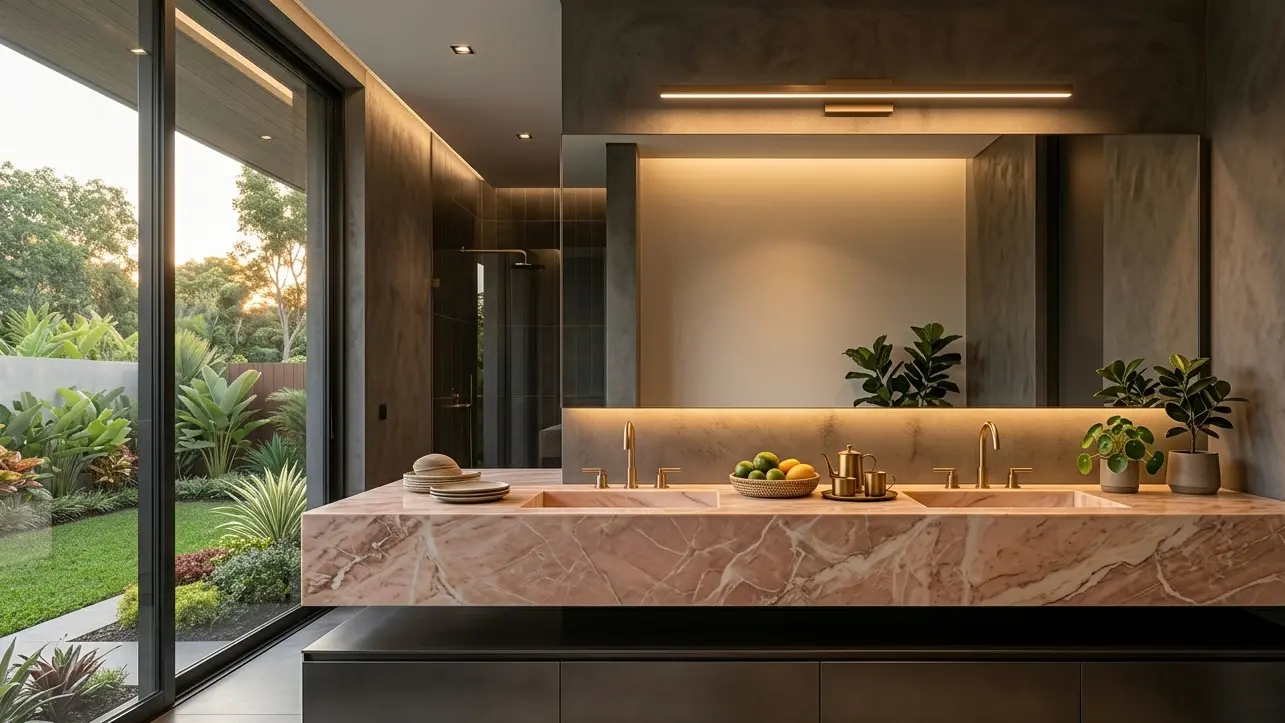 Pink Marble honed bathroom vanity countertop with brass hardware in warm spa-style bathroom