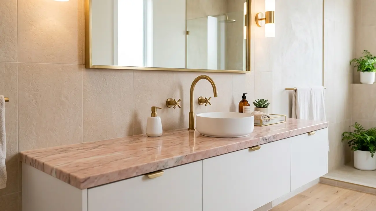 Pink Marble bathroom vanity countertop with brushed brass hardware in modern luxury spa bathroom