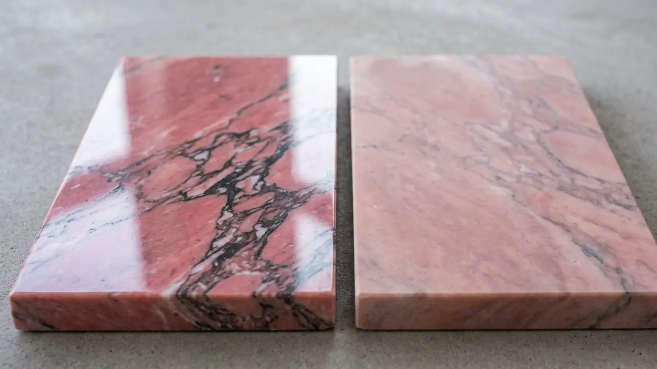 Pink Marble polished and honed finish samples showing warm tone and surface character difference