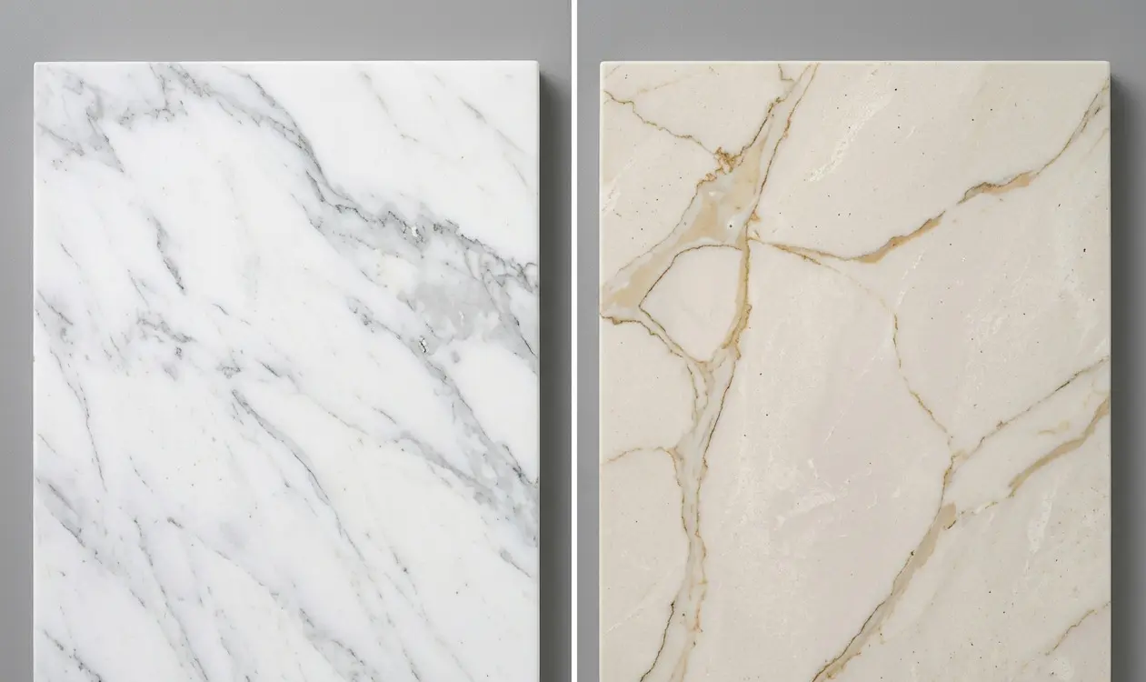 Frost White Marble cool white slab compared to warm white stone showing natural tone difference