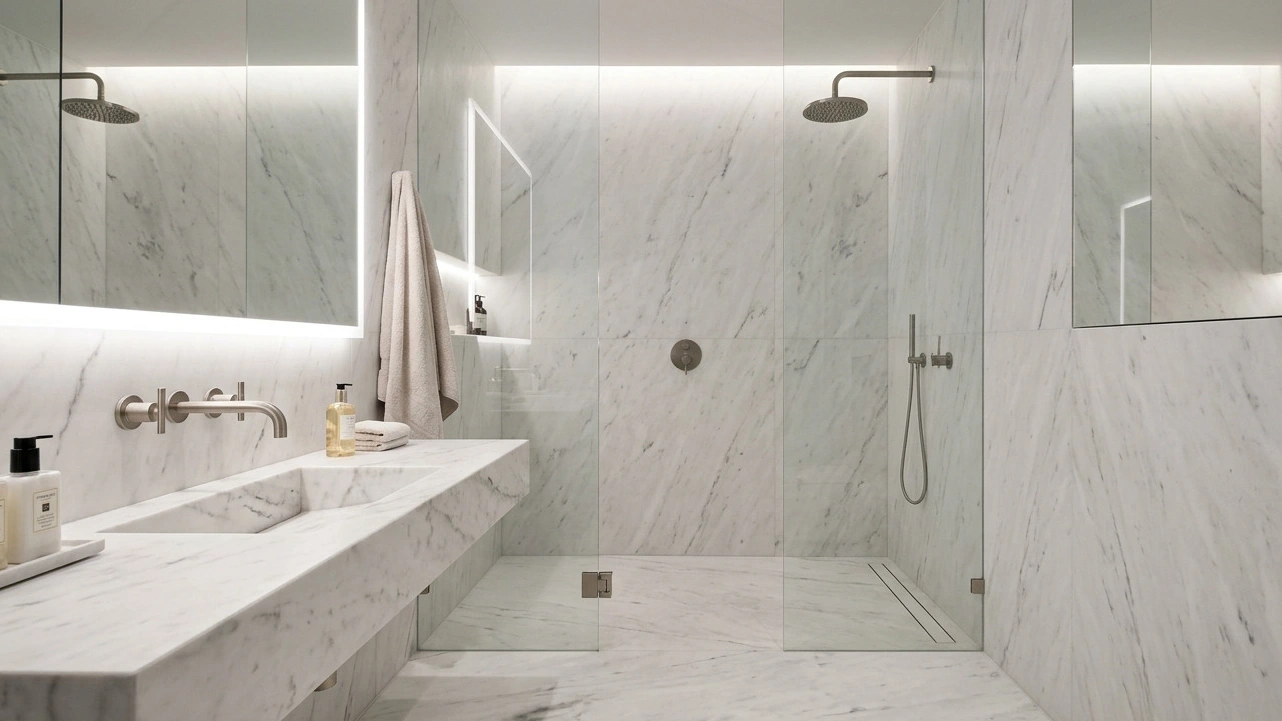 Frost White Marble stone drenching bathroom with continuous white slab on vanity walls and floor