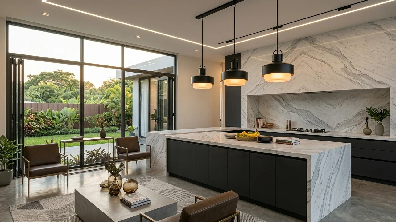 Frost White Marble polished kitchen countertop with dark cabinetry in bright modern kitchen