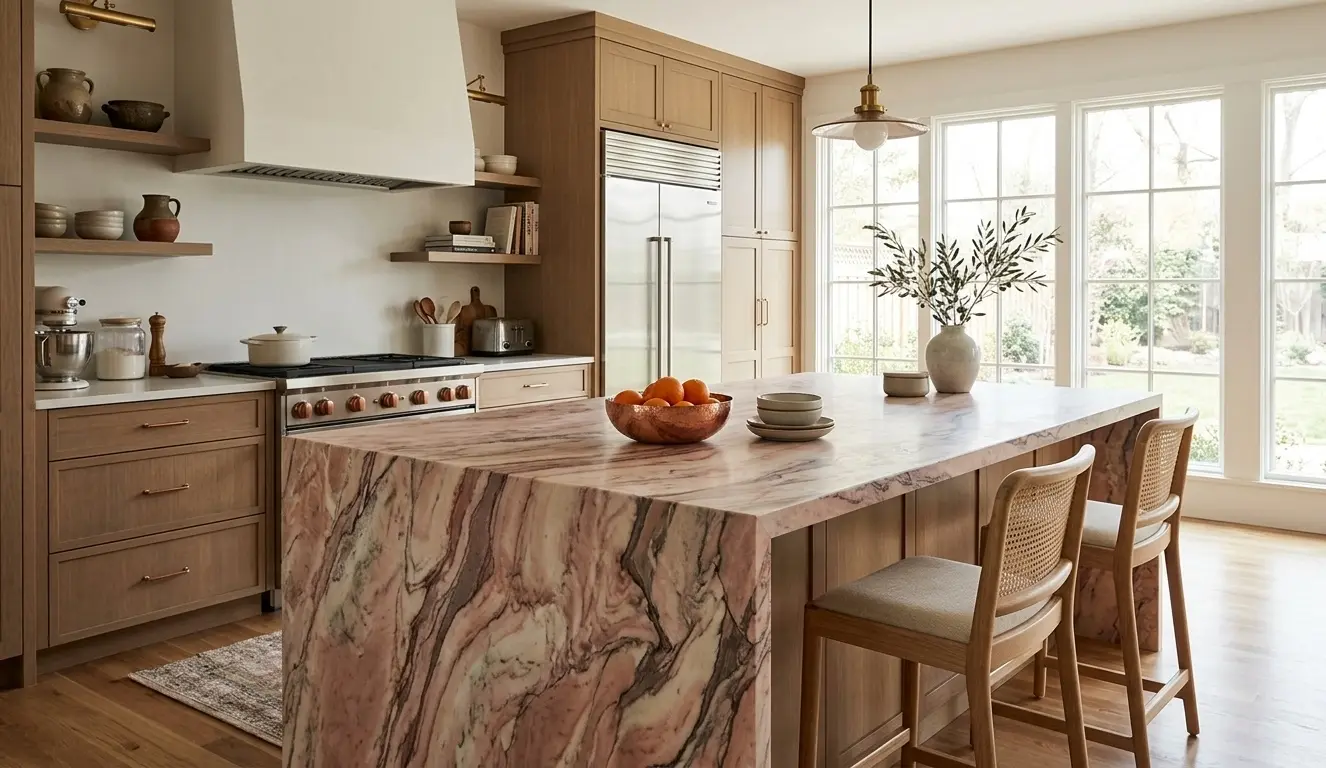 Leathered rose marble slab on kitchen island