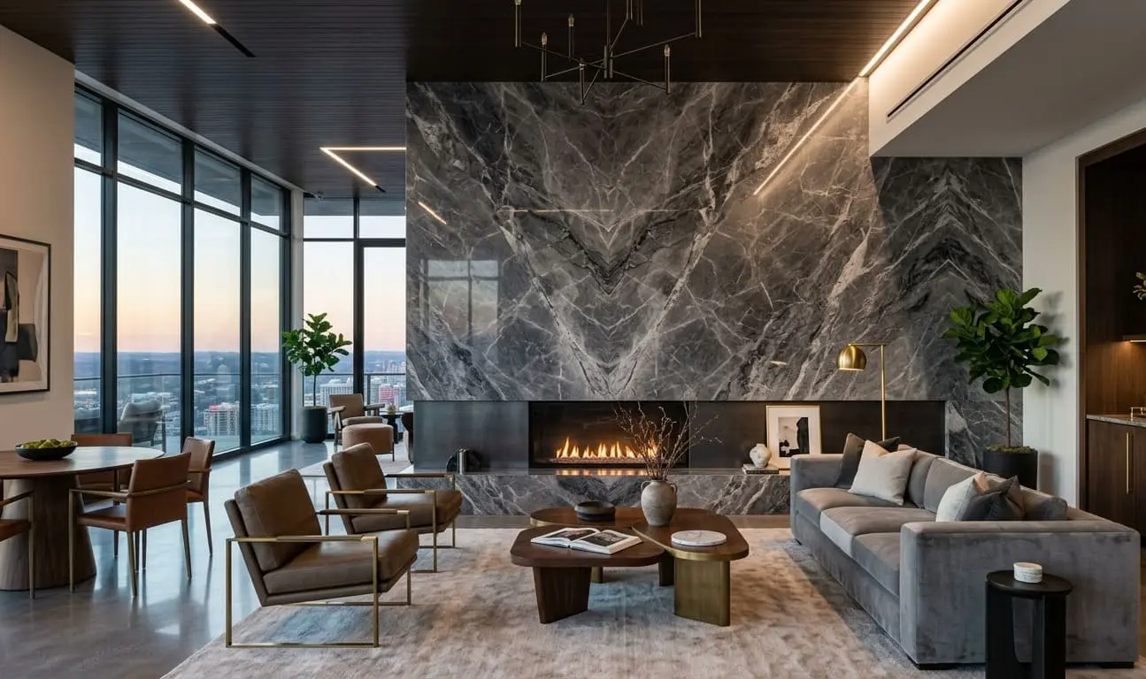 Modern living room with a large deep gray marble fireplace wall