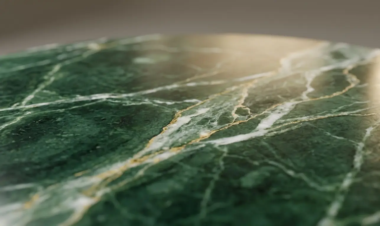 Jade Green Marble polished slab surface showing rich green base and natural organic veining detail