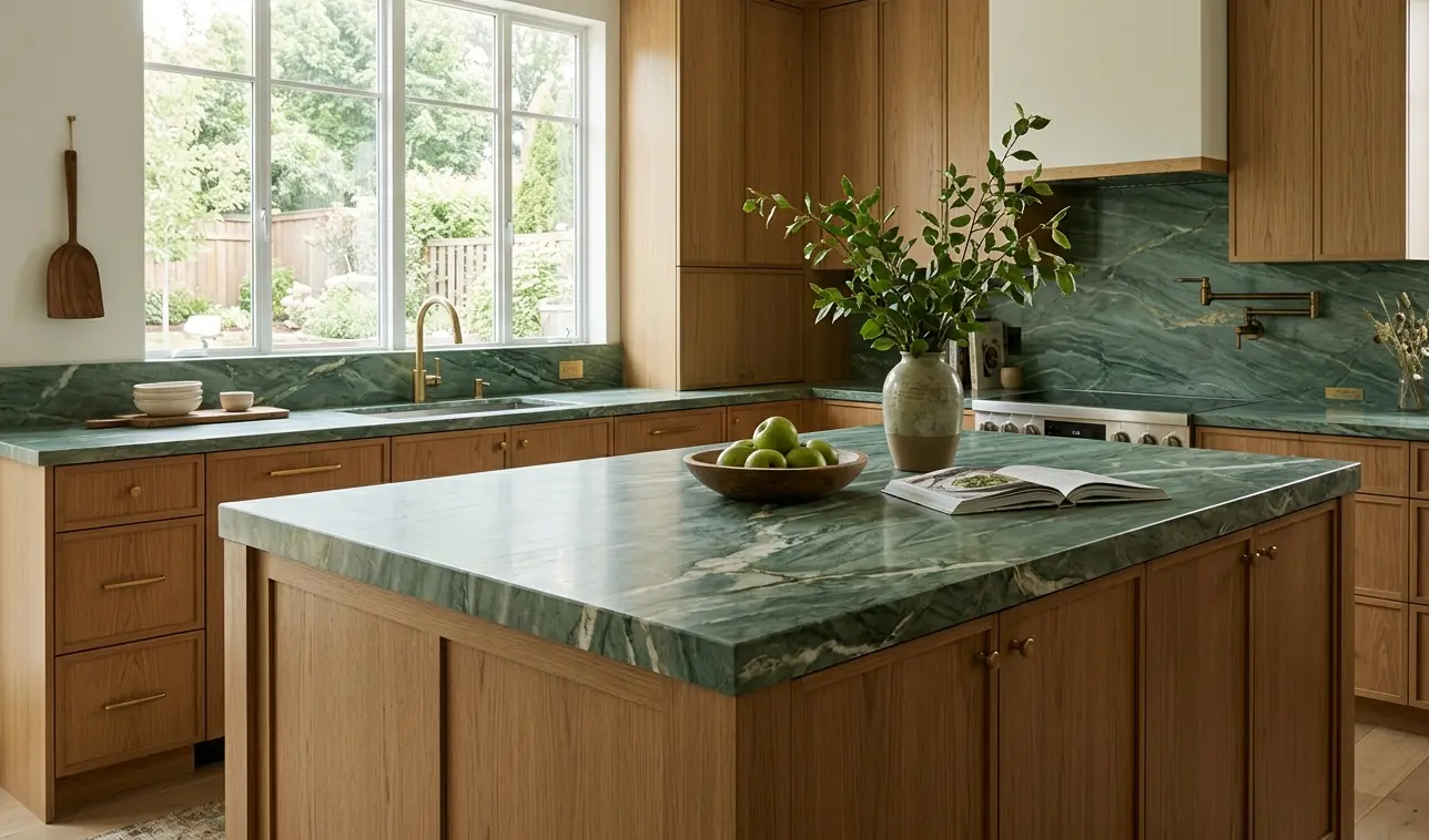 Jade Green Marble honed kitchen island with warm oak cabinetry in nature-inspired modern kitchen