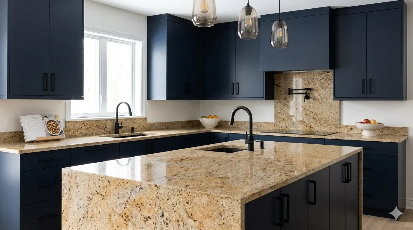 Colonial Gold Granite kitchen countertop with dark navy cabinetry in traditional luxury kitchen design