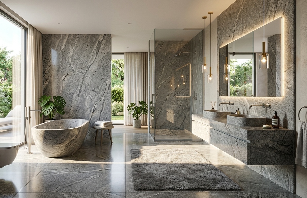 Modern living bathroom with silver gray granite