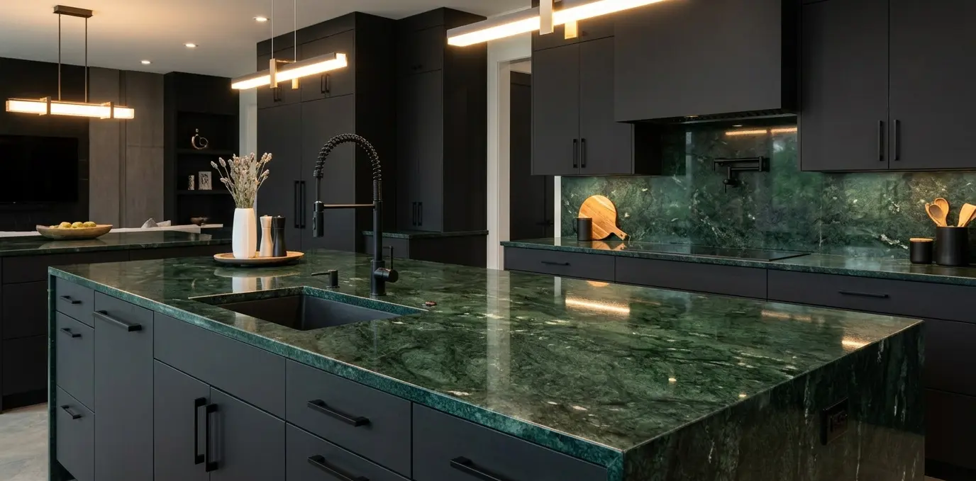 Emerald Green Granite kitchen island with dark charcoal cabinetry in dramatic luxury kitchen design