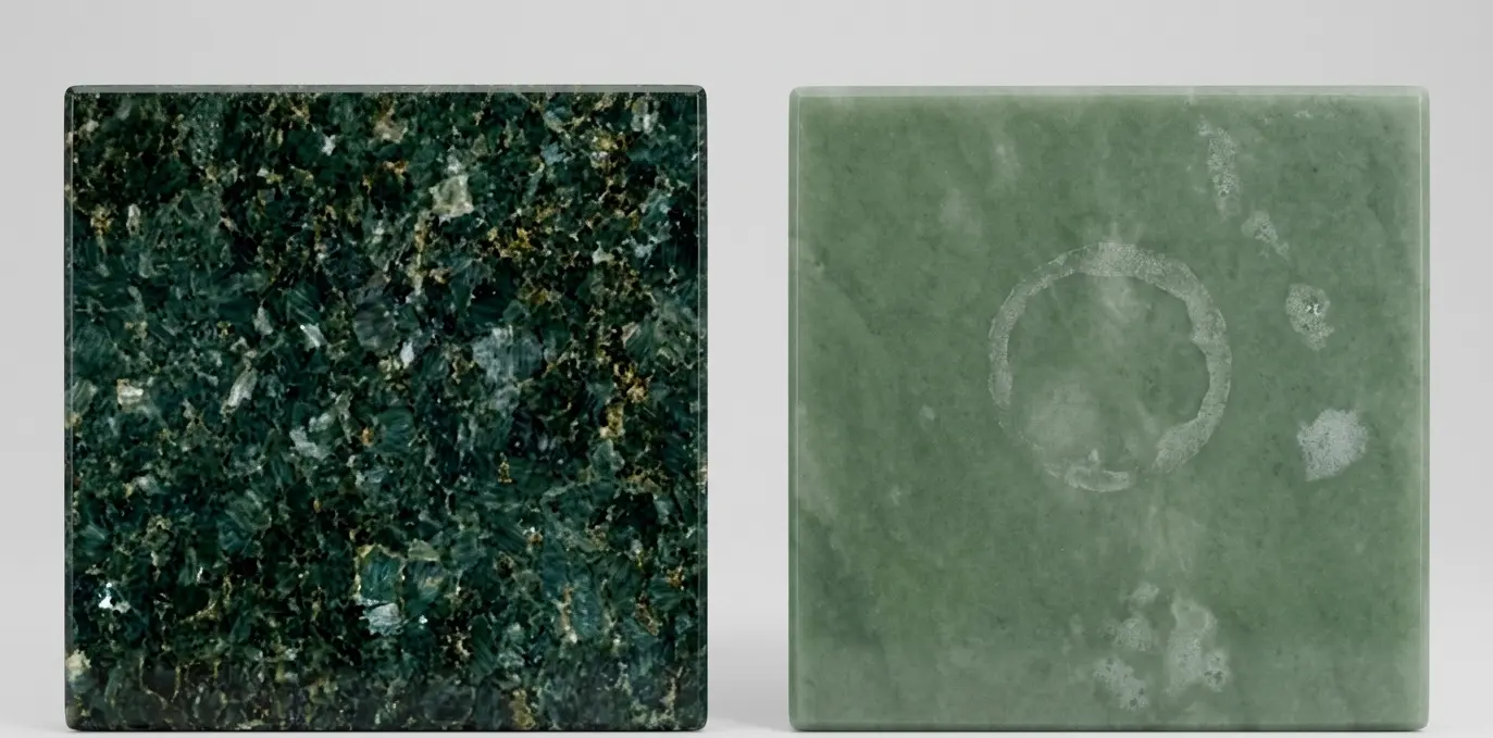 Emerald Green Granite slab compared to jade marble showing acid resistance and surface durability