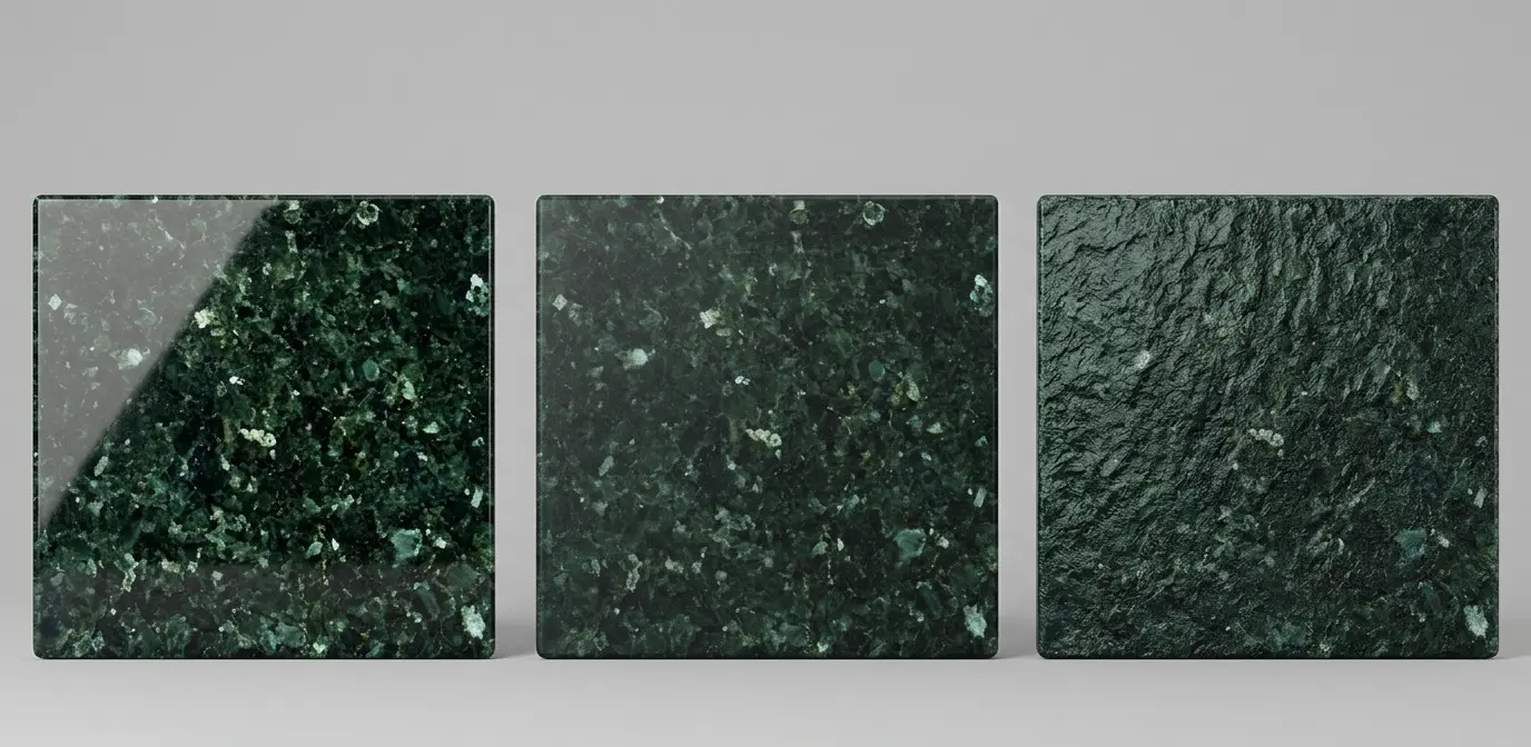 Emerald Green Granite polished honed and leathered finish samples showing three surface character options