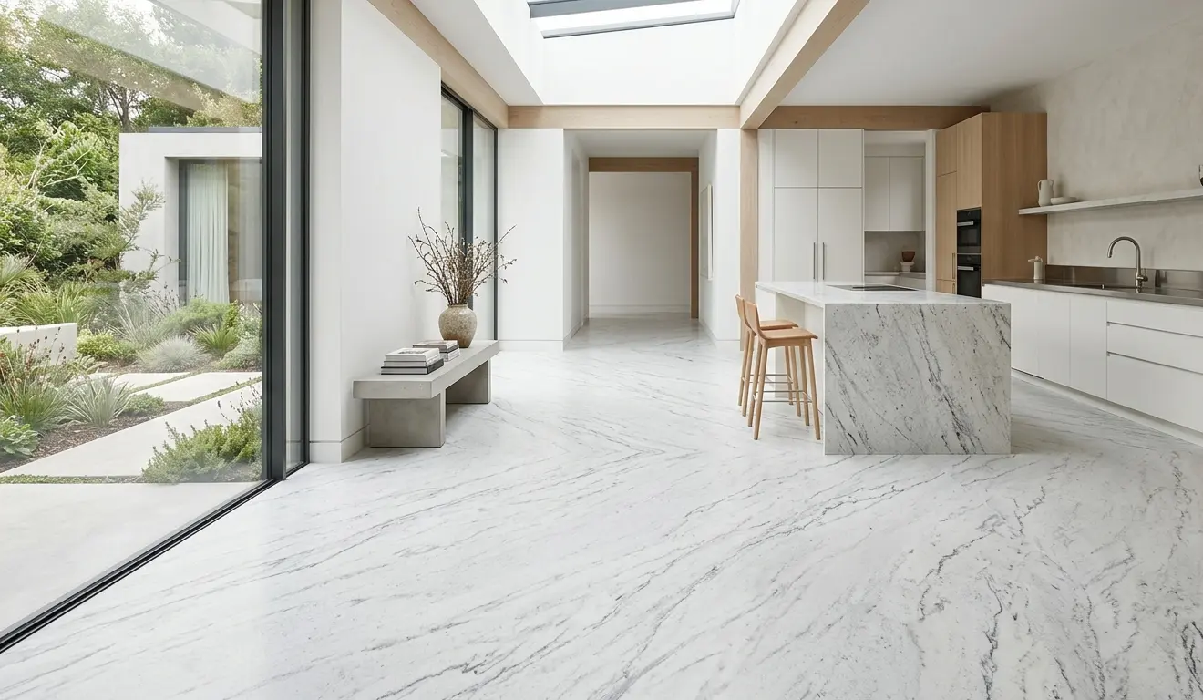Glacier White Granite honed floor surface in bright kitchen showing large format natural stone