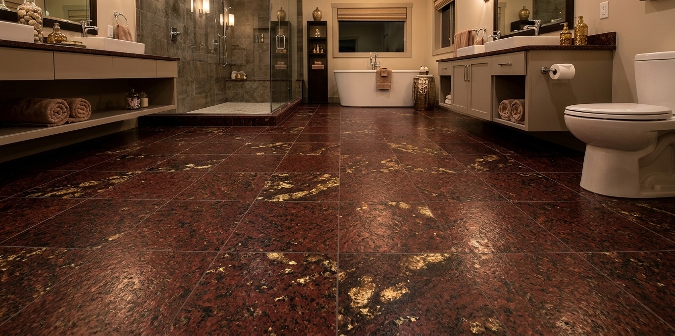 Leathered ruby red granite floor tile with textured surface