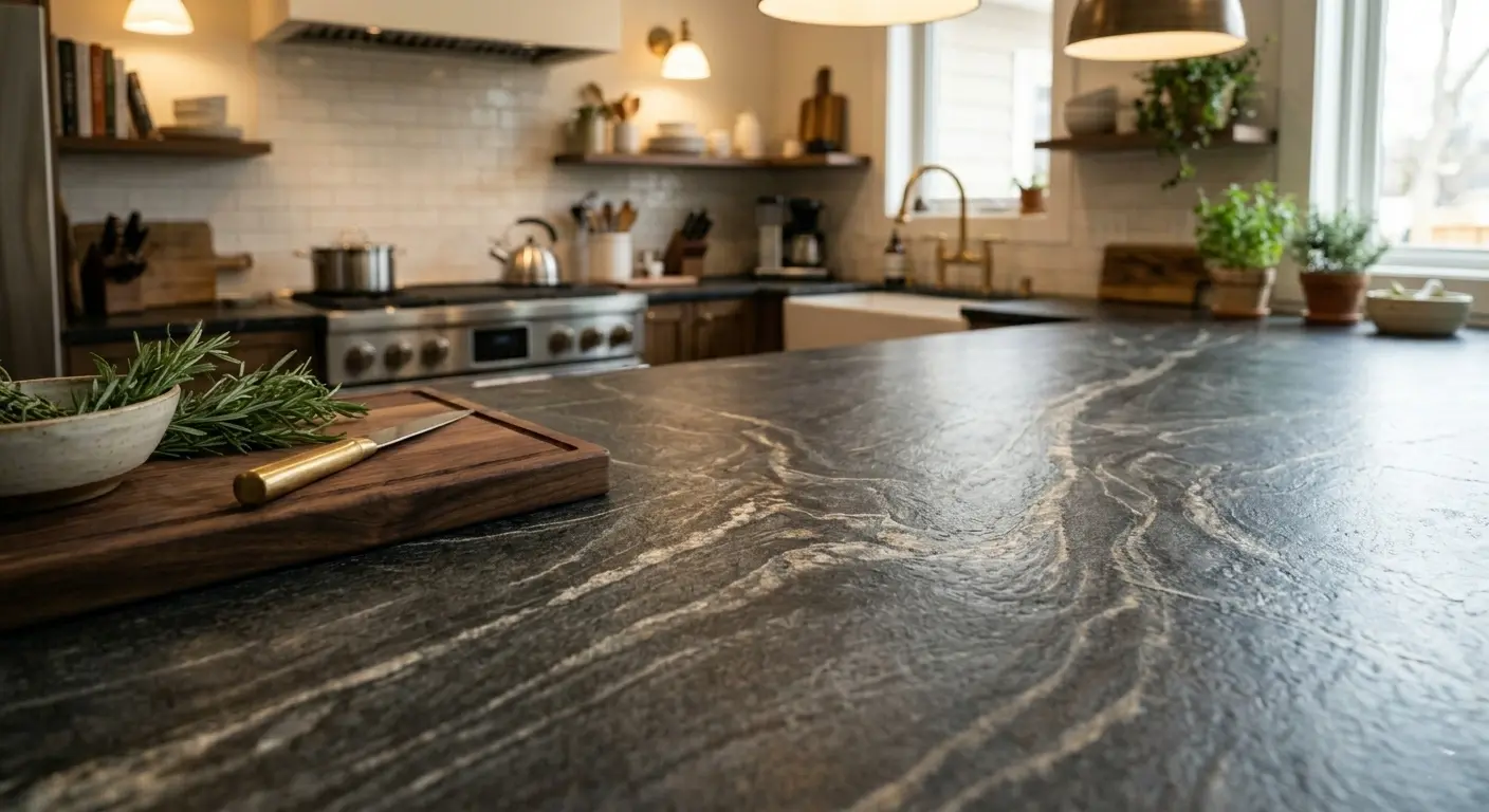 Close-up of dark gray quartzite leathered finish showing natural veining