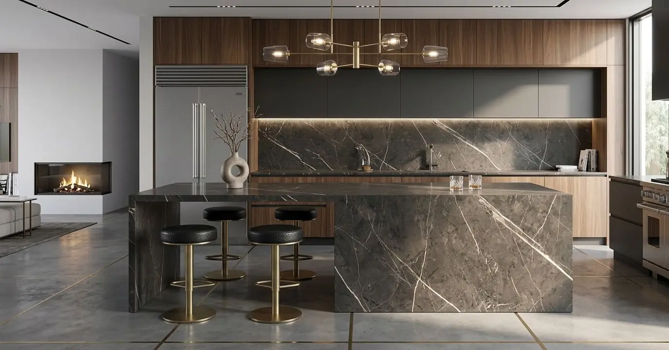 Modern luxury kitchen featuring prominent graphite marble countertops