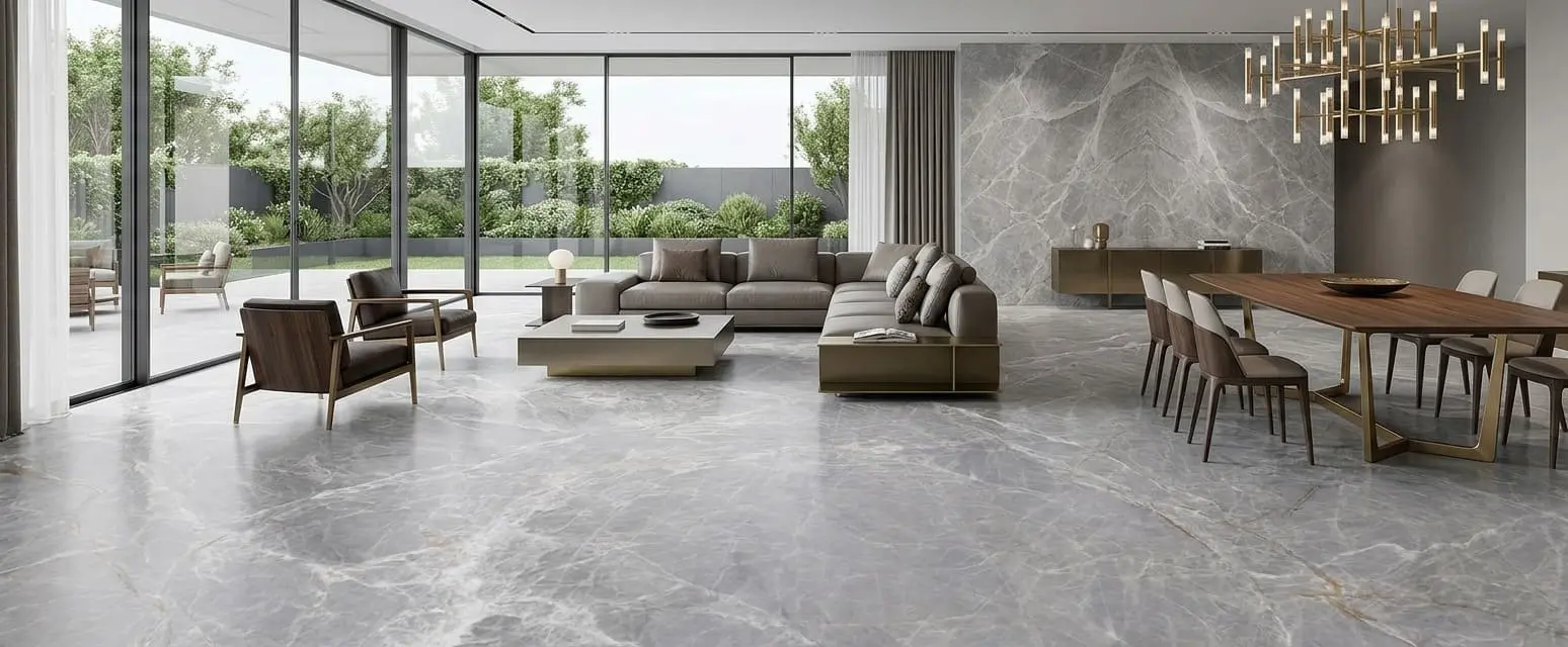 Modern luxury living space with seamless light gray marble floor
