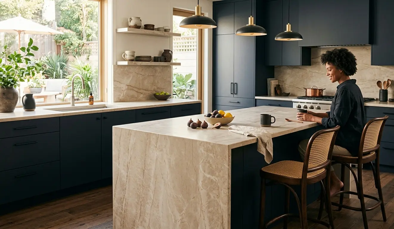 Beige Quartzite kitchen island countertop with dark navy cabinetry in modern luxury kitchen design