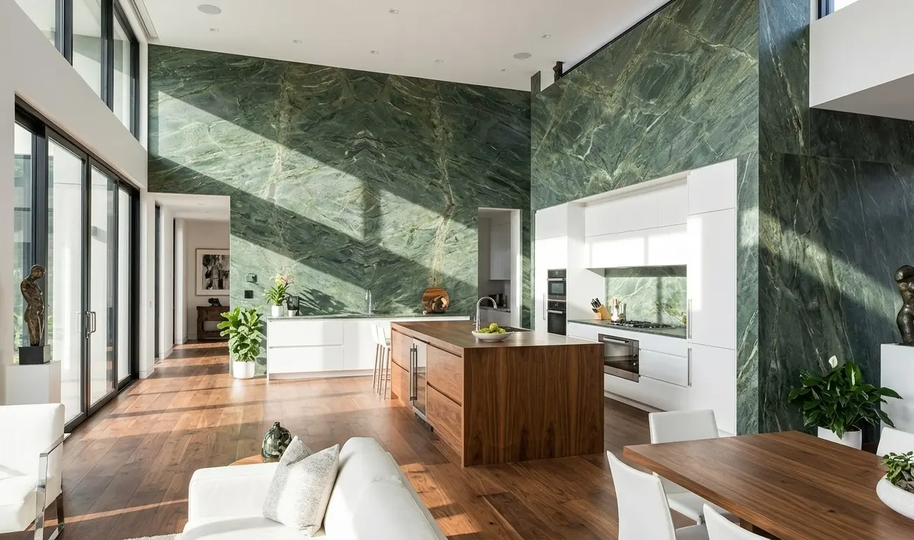 Leathered green dolomite wall cladding in modern luxury interior