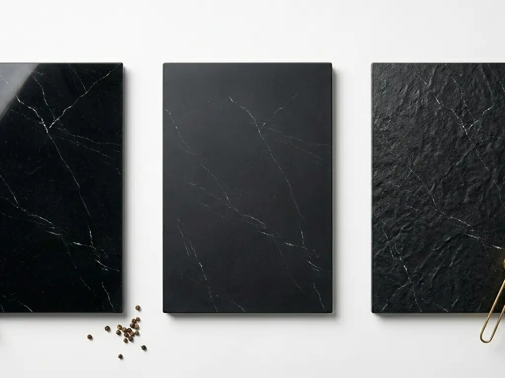 Black Quartzite finish samples polished honed and leathered displayed side by side comparison