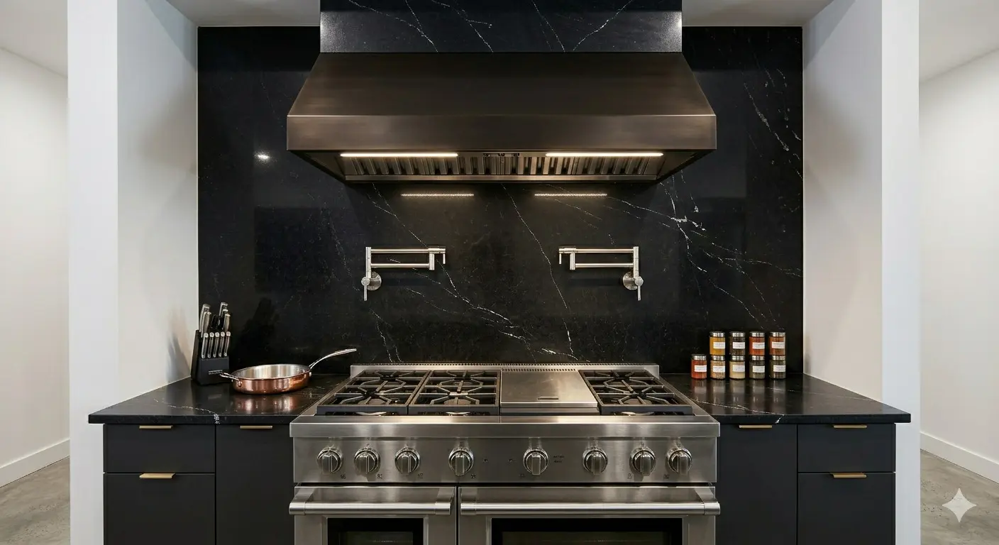Black Quartzite backsplash and countertop installed in a luxury kitchen behind a gas range