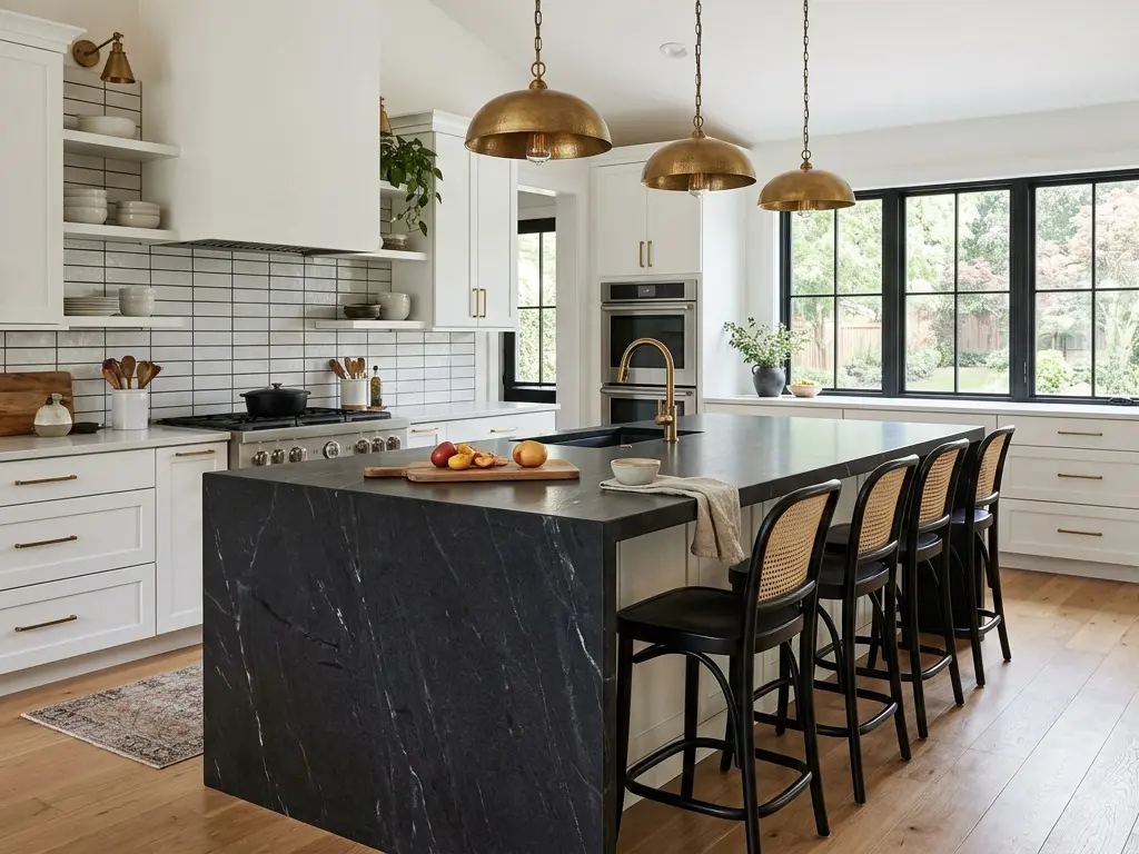 Black Quartzite kitchen island countertop with white shaker cabinetry and brass pendants