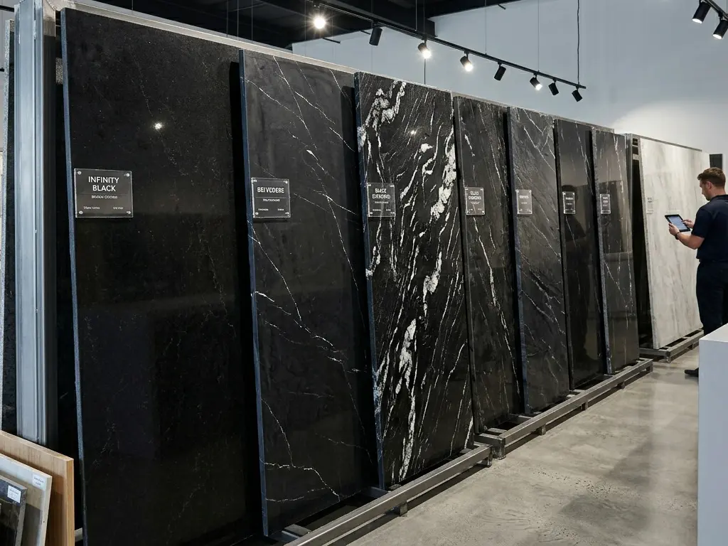 Black Quartzite slabs on display in a natural stone showroom slab inventory rack