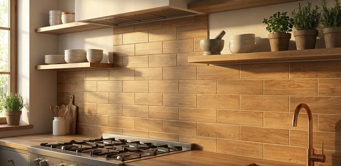 eramic subway tile kitchen backsplash with warm wood-look finish