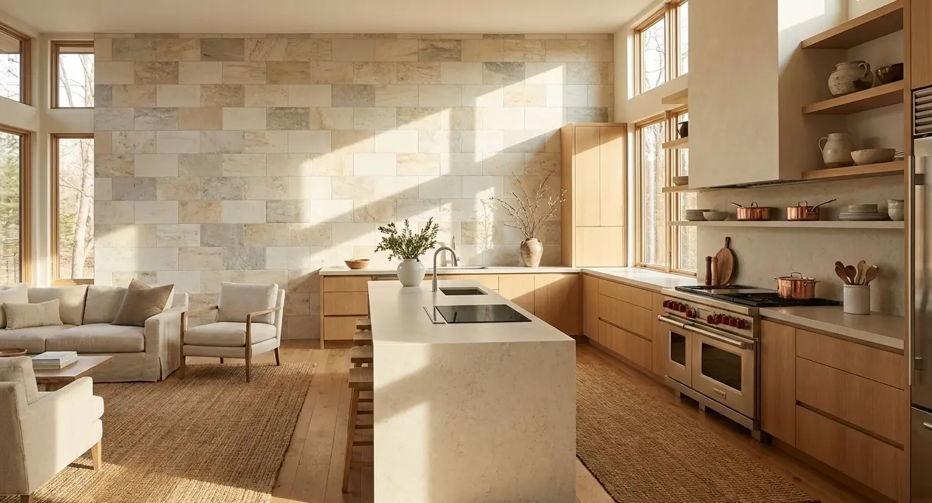 Porcelain subway tile accent wall in a bright modern kitchen