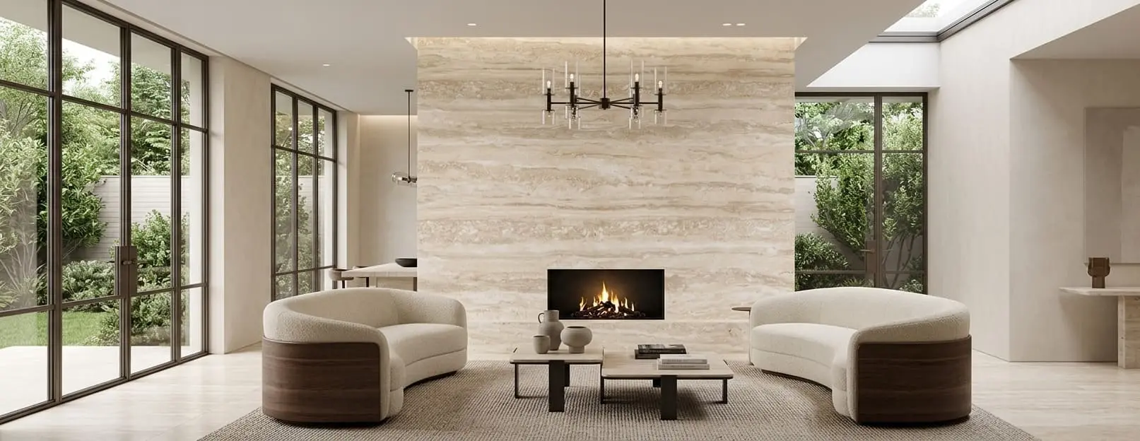 Living room with a feature wall and floor in polished ivory travertine