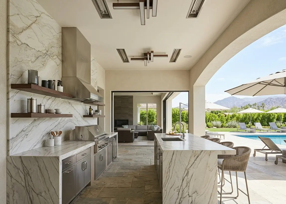 Spacious Mont Blanc Quartzite Outdoor Kitchen with high-end appliances and elegant natural stone surfaces