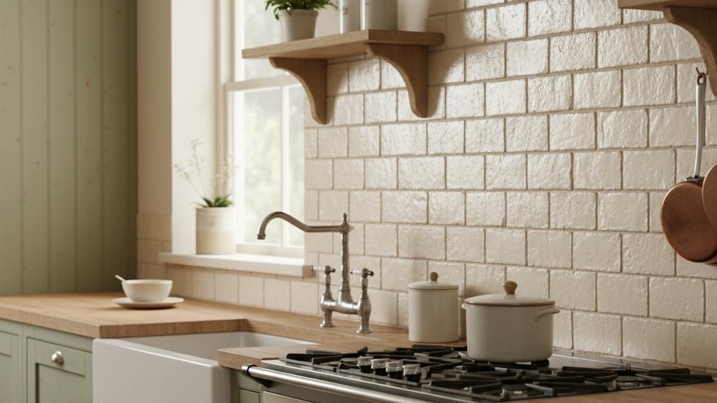 Cream subway tile kitchen backsplash with farmhouse sink and wood countertops