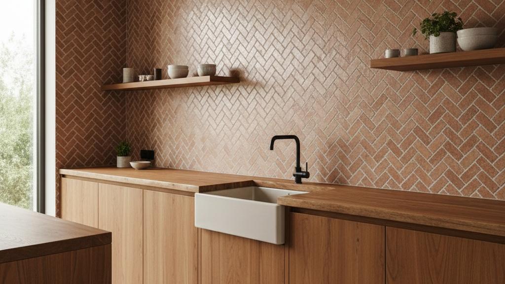Herringbone subway tile kitchen backsplash in gradient terracotta tones