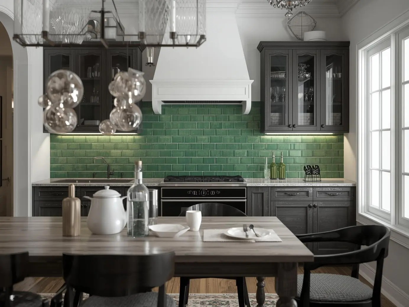 interior design in kitchen table with green porcelain subway tiles