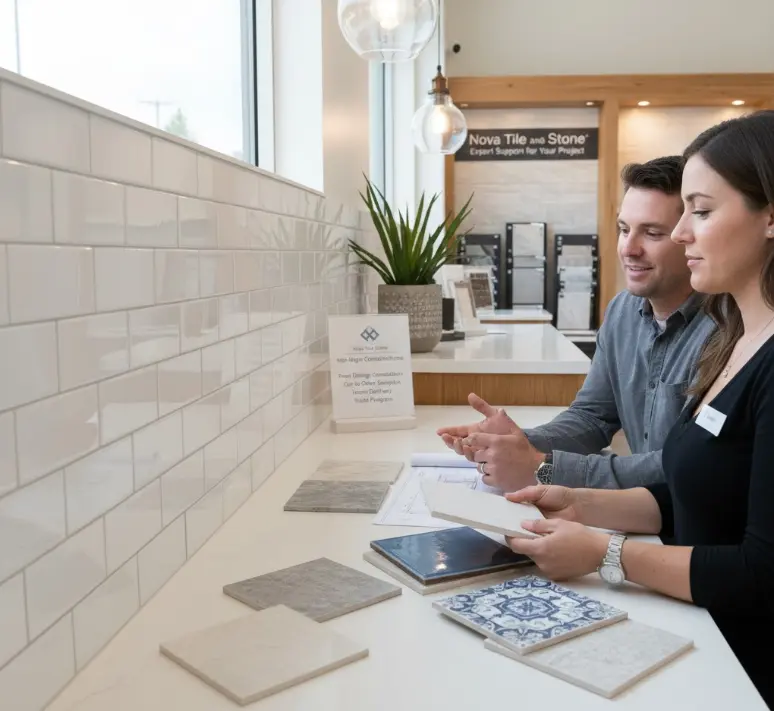 Tile showroom consultants discussing kitchen or bathroom tile selection with a customer, showing glossy white subway tiles and various porcelain and ceramic floor and wall tile.
