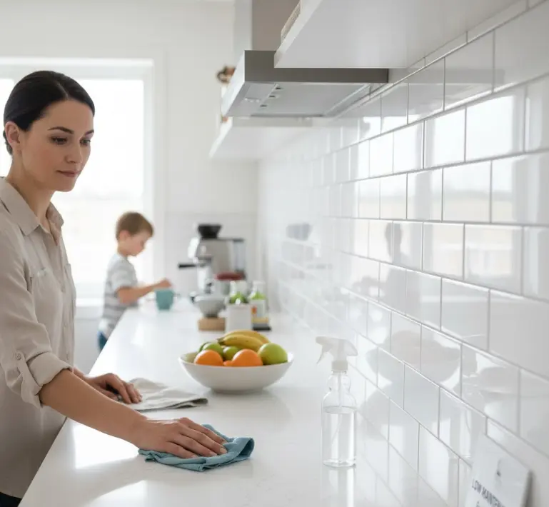 Woman cleaning a bright, modern kitchen with white subway tile backsplash and white countertops, emphasizing cleanliness and easy maintenance of glossy kitchen tiles.