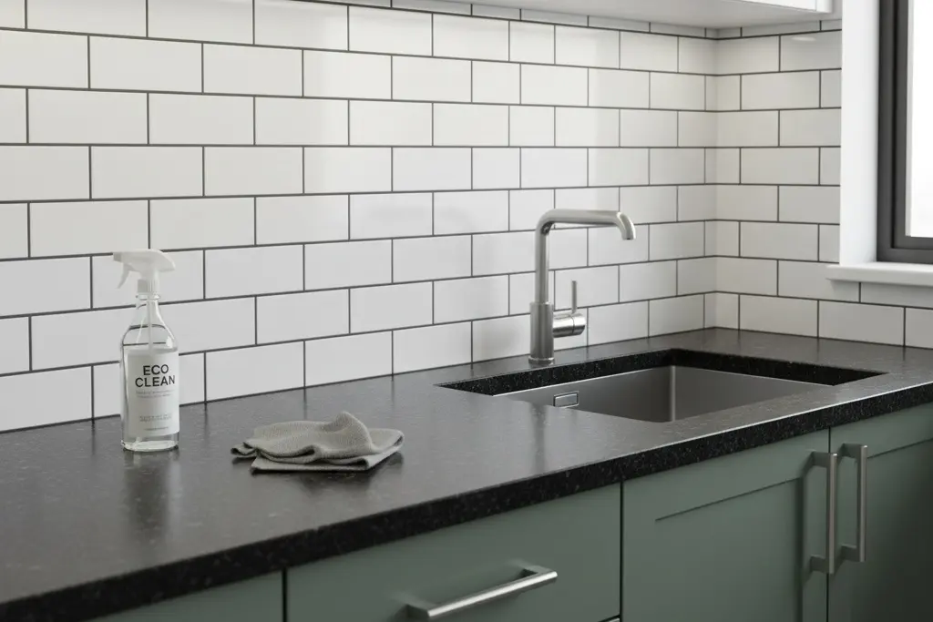 White subway tile backsplash with dark grout lines in modern kitchen showing easy-to-clean surface