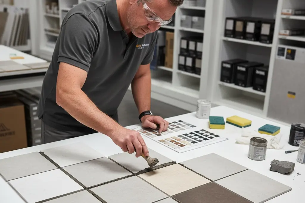 Contractor demonstrating grout color testing on tile samples using different grout shades for comparison