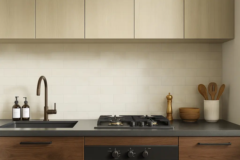 Cream colored backsplash of montera 2.5x9 glossy porcelain subway tile